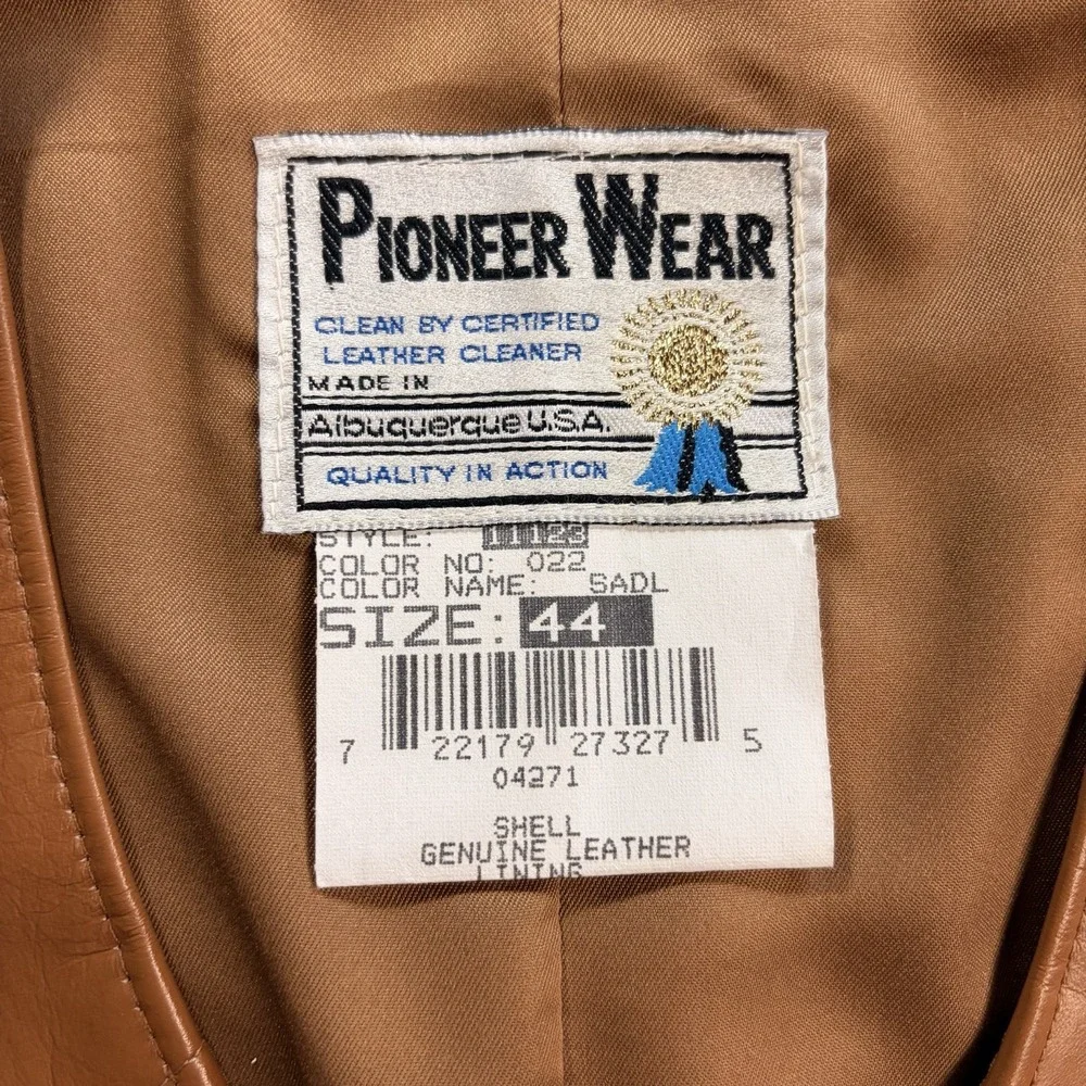 Vintage Pioneer Wear Genuine Leather Western Vest Mens 44 Tan Brown USA Cowboy